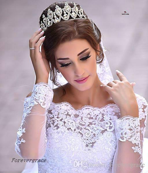 2019 Classical Long Sleeves Wedding Dress Arabic Lace Appliques Off the Shoulder Bridal Gown Custom Made Plus Size