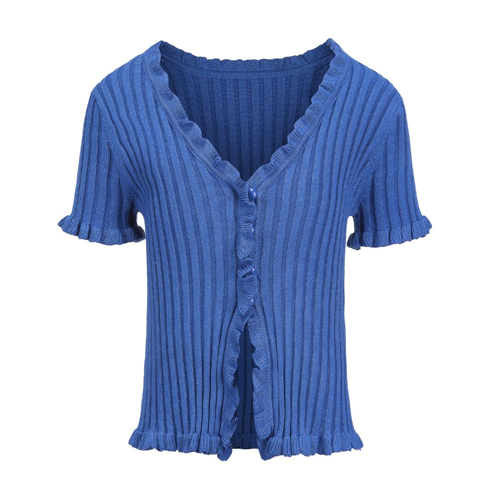 Women Fashion Short-Sleeve Ruffles Cardigans Sweaters Knits Tees With Single Breasted Big Elastic Knitted Crop Tops B4