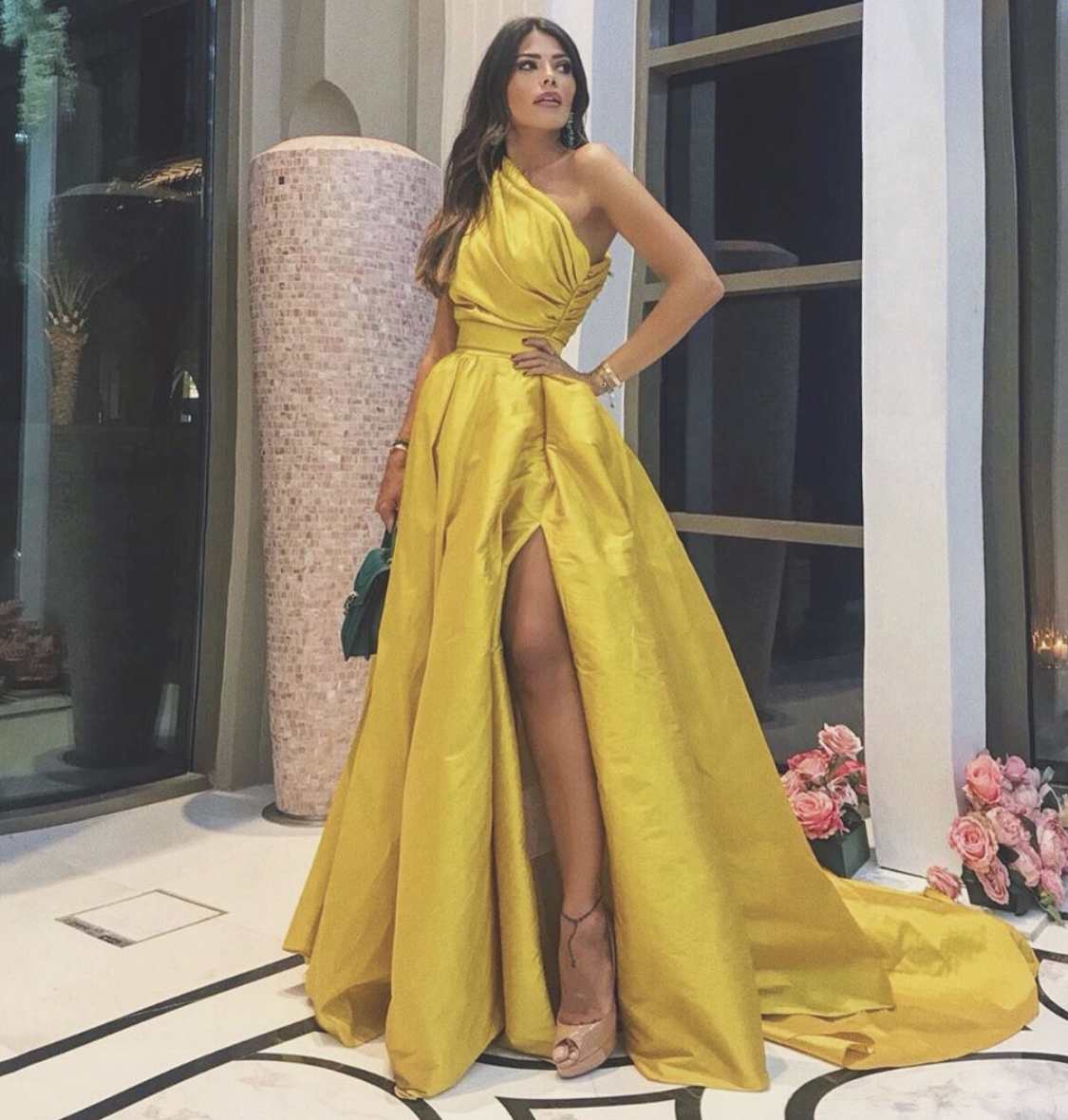 2020 Yellow Prom Dresses One Shoulder A Line Ruffles Side Split Fairy Evening Gowns Custom Made Cheap Formal Dress Party Wear