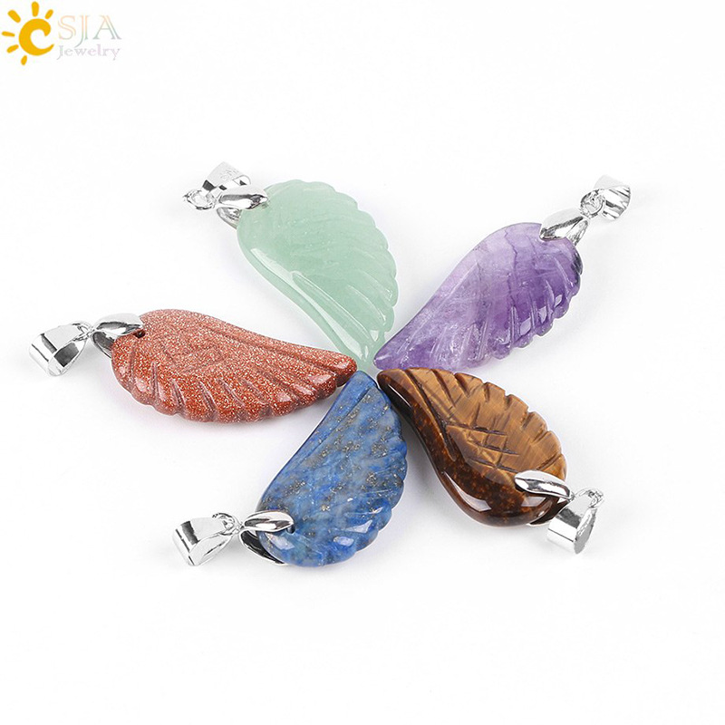 Natural Gem Stone Angel Wing Necklaces & Pendants Purple Pink Rock Crystal Lapis Lazuli Opal Green Aventurine Jewelry