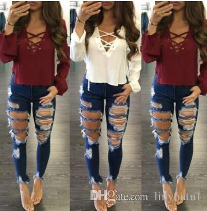 2020 Women 's Fashion Ripped Jeans for Women Big Hole Ladies Long Skinny Jeans Long Jeans Pencil Stretch Butt Lift Pencil Pants S-XXL