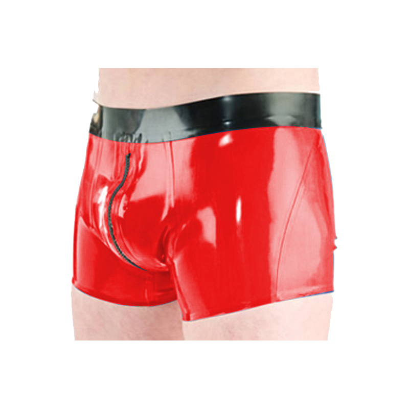 Latex Rubber Men Black Waist and Red Boxer Underwear With Zipper Shorts Size XXS-XXL