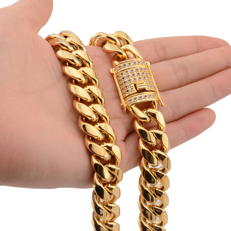 818mm wide Stainless Steel Cuban Miami Chains Necklaces CZ Zircon Box Lock Big Heavy Gold Chain for Men Hip Hop Rock jewelry