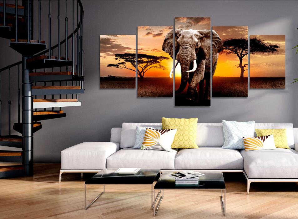 (No Frame)5Panel Animal Painting Pictures Print on The Canvas, Art Wall Decor, Home Wall Art Picture Color Giraffe Lion Elephant
