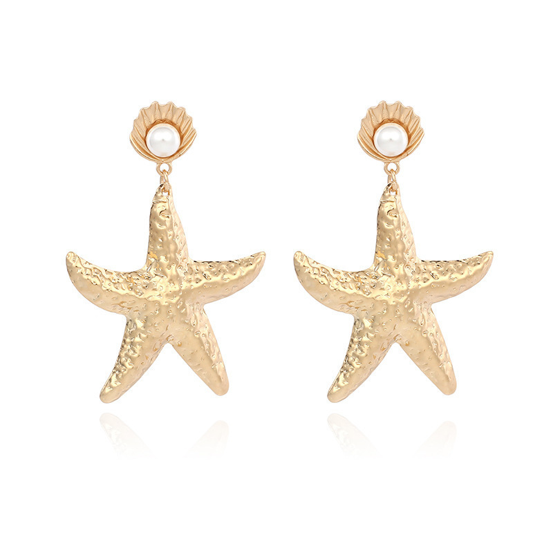 Fashion- Golden Alloy Shell Pearl Earrings Exaggeration Starfish Dangle Earring For Women