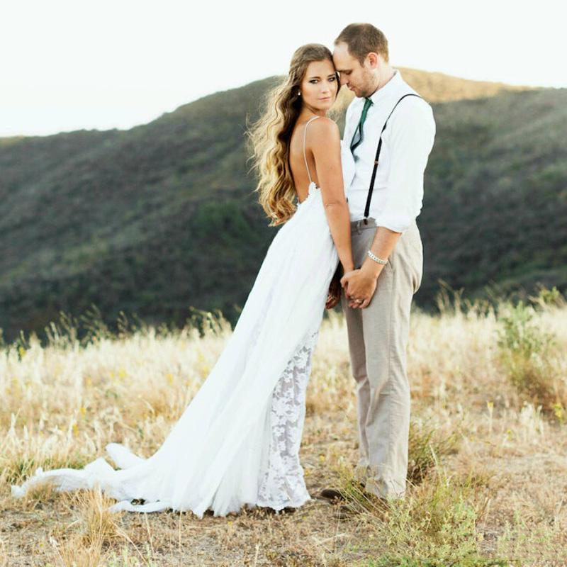 Sexy Backless Spaghetti Straps Bohemian Wedding Dresses Lace Chiffon Long Boho Beach Bridal Gowns Cheap Bride Dress Robe de mariage