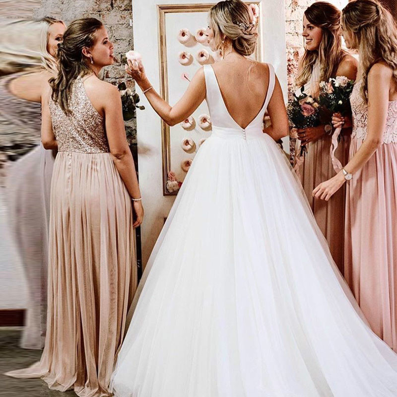 dress bateau 2019 Cheap Satin Elegant Tulle Skirt A e or Length Backless Bridal Gown Dresses plus size wedding dresses