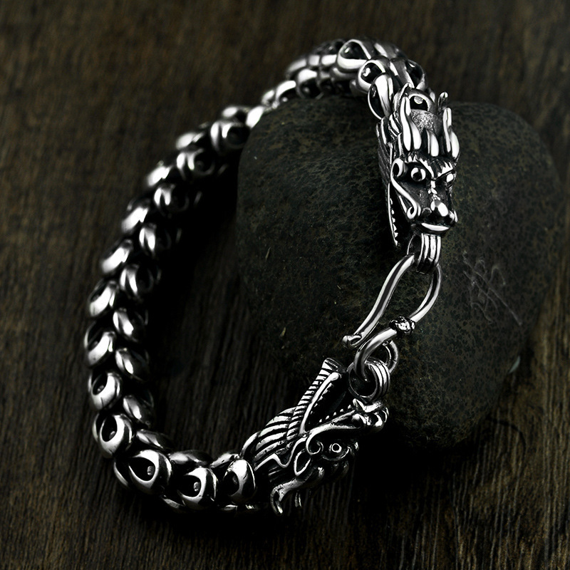 Dragon Scale Bracelet Chain Real Pure 925 Sterling Silver Double Heads Vintage Punk Rock Retro Style Men Jewelry CX200706
