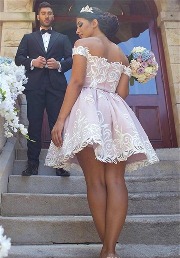 2019 Cheap Arabic Pink Off Shoulder Wedding Dress Fashion A Line Mini Short Backless Club Wear Homecoming Party Dress Plus Size Custom Mak