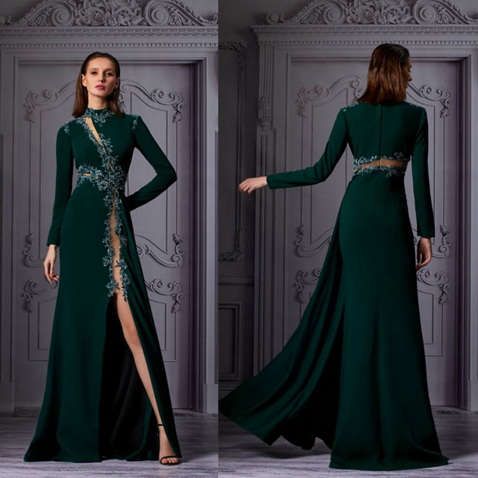 dark green evening gowns high neck long sleeve prom dress front split floor length red carpet party gown robes de marie
