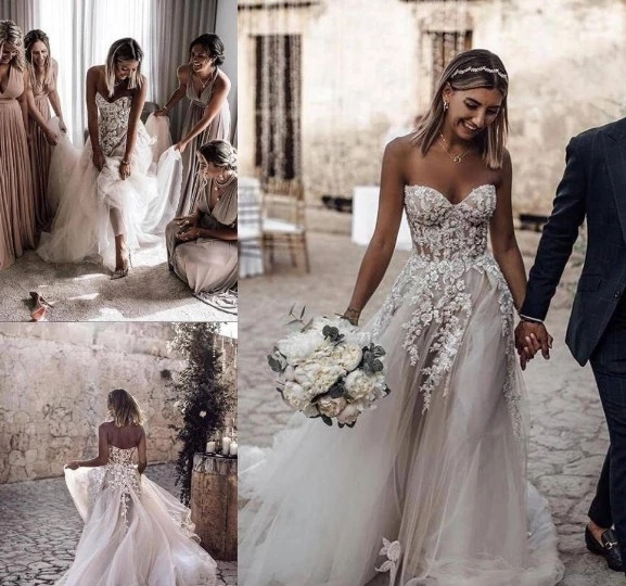 Spring 2020 Gorgeous Bohemian Wedding Dresses with 3D Floral Appliques Sweetheart Illusion Bodice Flowing Tulle Beach Bridal Marriage Dress