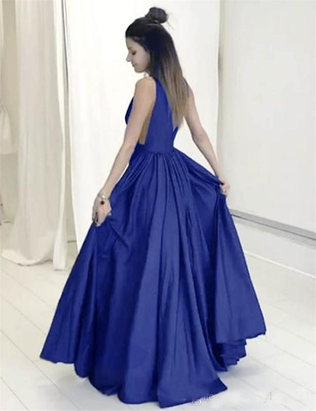 Royal Blue Taffeta Prom Dress with Ruched Bodice Evening Dress with Pocket Open Back Formal Dress A-Line Deep V-Neck Sweep Train