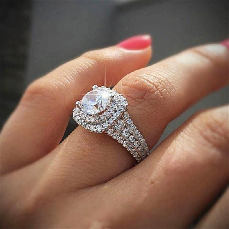 Ring: Sterling Sier Round Cut White Topaz & CZ Dia Wedding Band, Elegant Engagement Ring for Women Free shipping