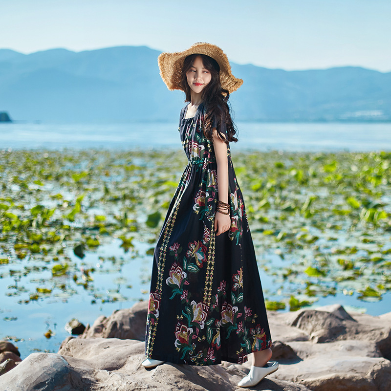Summer Asian casual dress light thin cotton hemp lace waist closing Dress temperament square collar short sleeve big swing Robe