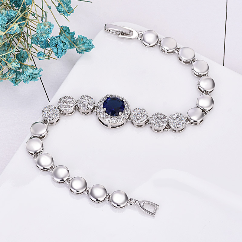 2 Pcs/Lot High Quality Holiday Gift Blue White Red Crystal Cubic Zirconia Gemstone Platinum Plated Round Shaped Chain Bracelet For Women