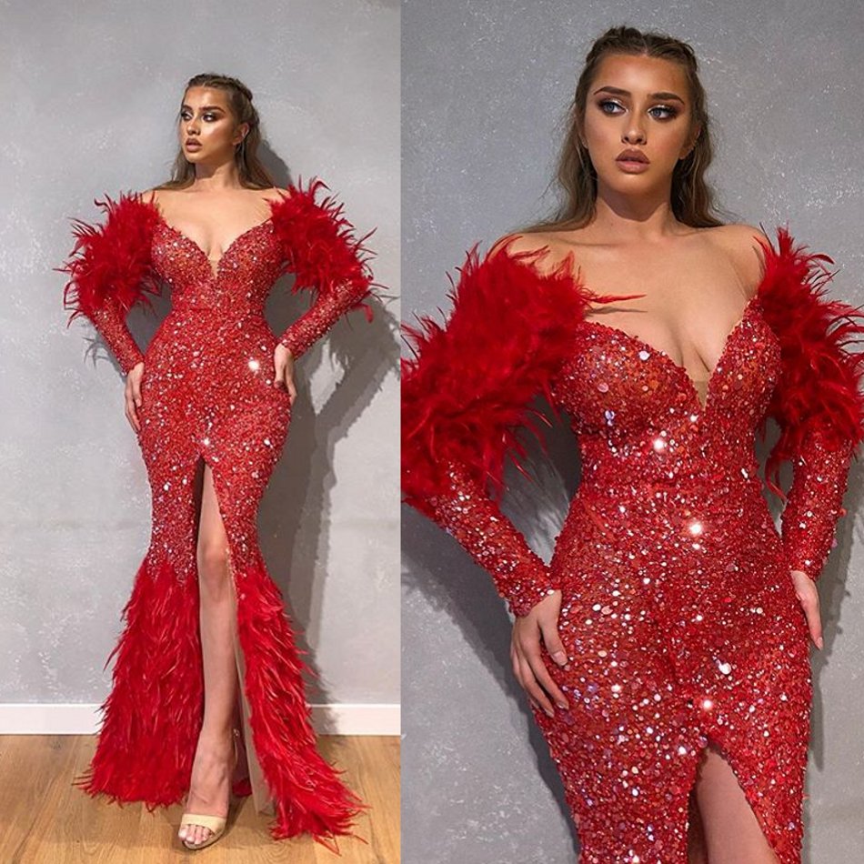 Luxury Red Mermaid Prom Dresses with Feathers Off Shoulder Sequined Long Sleeves Formal Evening Gowns Front Split Elegant Party Dress, Gray
Luxury Red Mermaid Prom Dresses with Feathers Off Shoulder Sequined Long Sleeves Formal Evening Gowns Front Split Elegant Party Dress, Gray