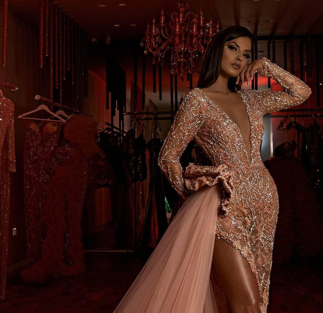 Saudi Arabia Mermaid Evening Dresses Long Sleeves Illusion Beading High Slit Prom Gowns with Overskirt Sexy robes de soirée