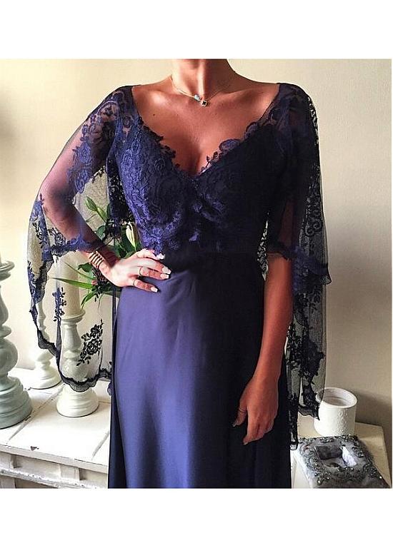 2025 Exquisite Tulle Satin Chiffon V-neck Neckline Capelet-sleeves A-line Mother of the Bride Dresses With Lace Appliques Navy Blue