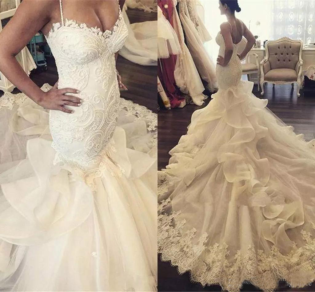 New Sexy Mermaid Wedding Dresses Spaghetti Straps Lace Appliques Ruffles Long Chapel Train Button Back Plus Size Formal Bridal Dress