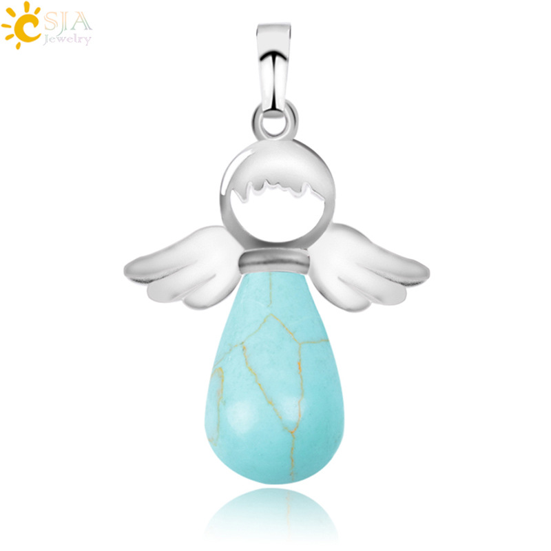Natural Stones Angels Wings Pendant for Necklace Pink Quartz Onyx Pendants Silver-color Water Drop Female Jewelry Gift