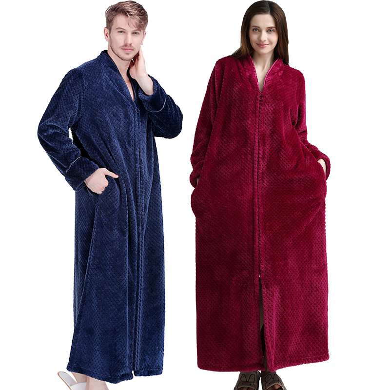 New Women Men Extra Long Winter Warm Bathrobe Plus Size Pregnant Zipper Bath Robe Luxury Soft Grid Flannel Thermal Dressing Gown