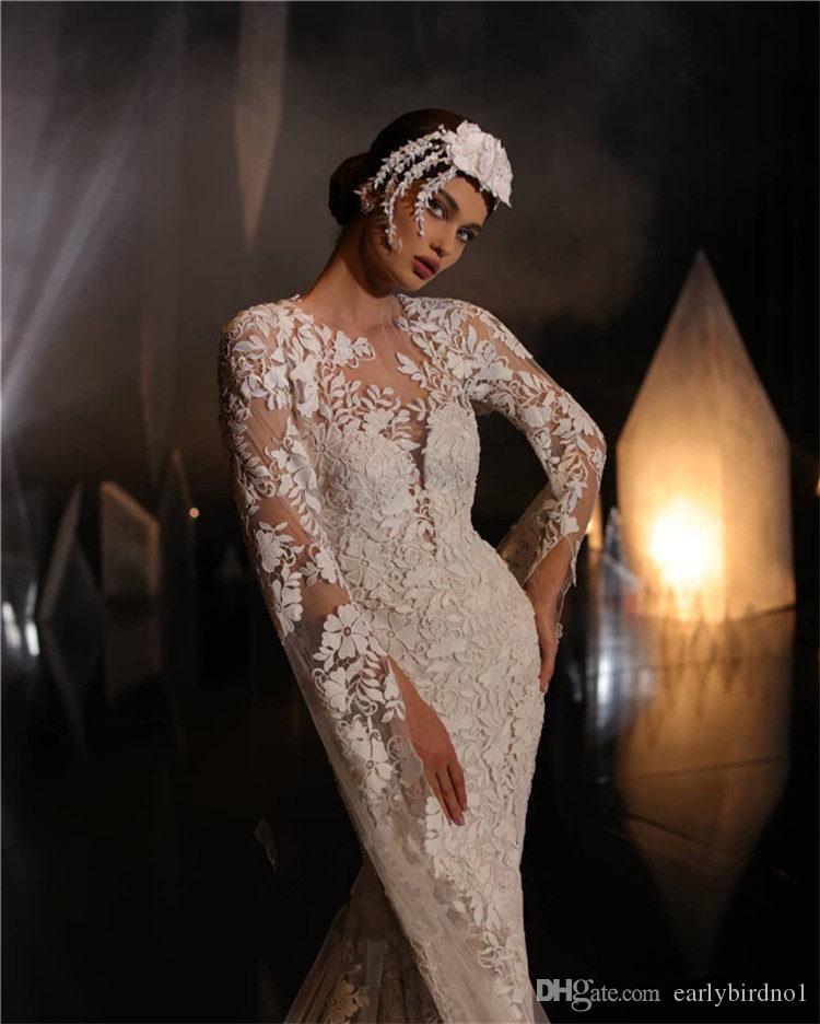2020 Vintage Mermaid Wedding Dresses Jewel Neck Appliqued Lace Sweep Train Long Sleeve Bridal Gowns Custom Made Boho Vestidos De Novia