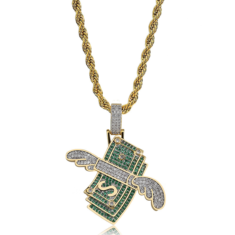 Rap Flying Dollar Pendant Necklace Hip Hop Shining Men Women 18K Gold Plated Pendant Necklace Jewelry