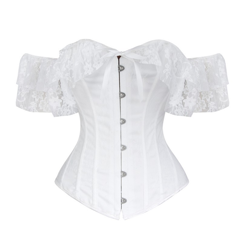 Women Push up Bra Overbust Corset Top with Dots Lace Mesh Sleeves and Black Lace Overlay Details Everyday Outwear Fashion Lace-up Shapewear