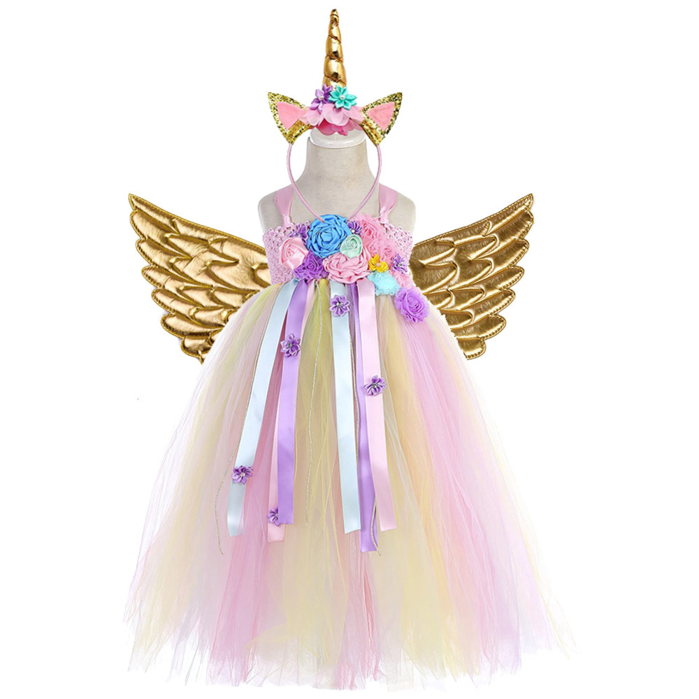 Pastel Flower Girls Unicorn Birthday Dress Cute Kids Christmas Tutu Dress Rainbow Baby Girl Unicorn pageant Dress with Headband Wing Set