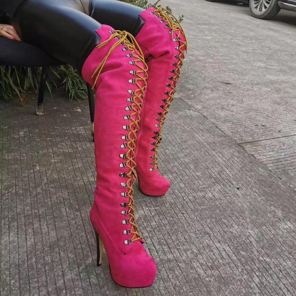 Rontic Handmade Women Platform Over The Knee Boots Thin High Heels Boots Round Toe Charm Red Party Shoes Women Plus US Size 5-20