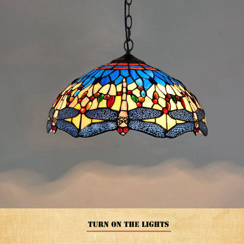 European creative retro Tiffany stainedblue yellow dragonfly art chandelier bar restaurant glass lamp TF022