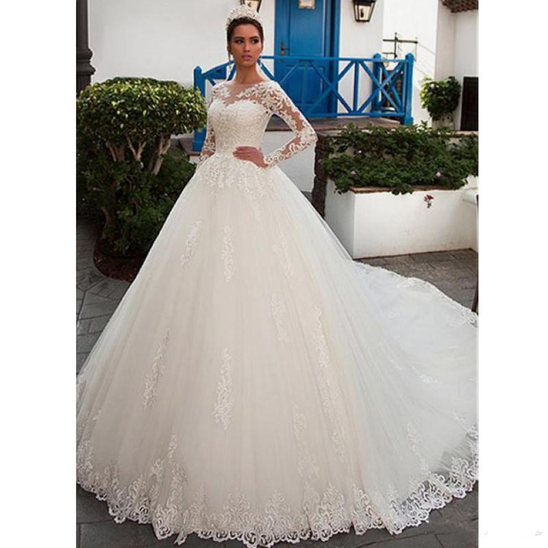 2019 Gorgeous Lace Ball Gown Wedding Dress Tulle Bateau Neckline Appliques Long Sleeve Tulle Bridal Gown Custom Made