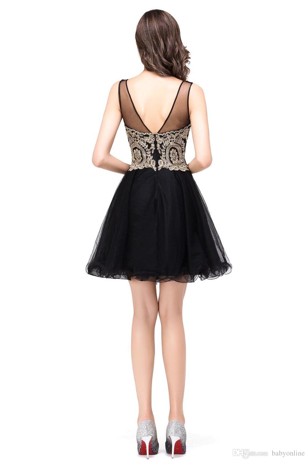 Little Black Short Homecoming Dresses Gold Appliques A Line Ruffles Knee Length Mini Prom Tail Gowns Cps362