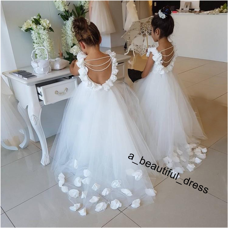 Lovely Flower Girls Dresses For Weddings Scoop Ruffles Lace Tulle Pearls Backless Princess Children Wedding Birthday Party Dresses FG1245
