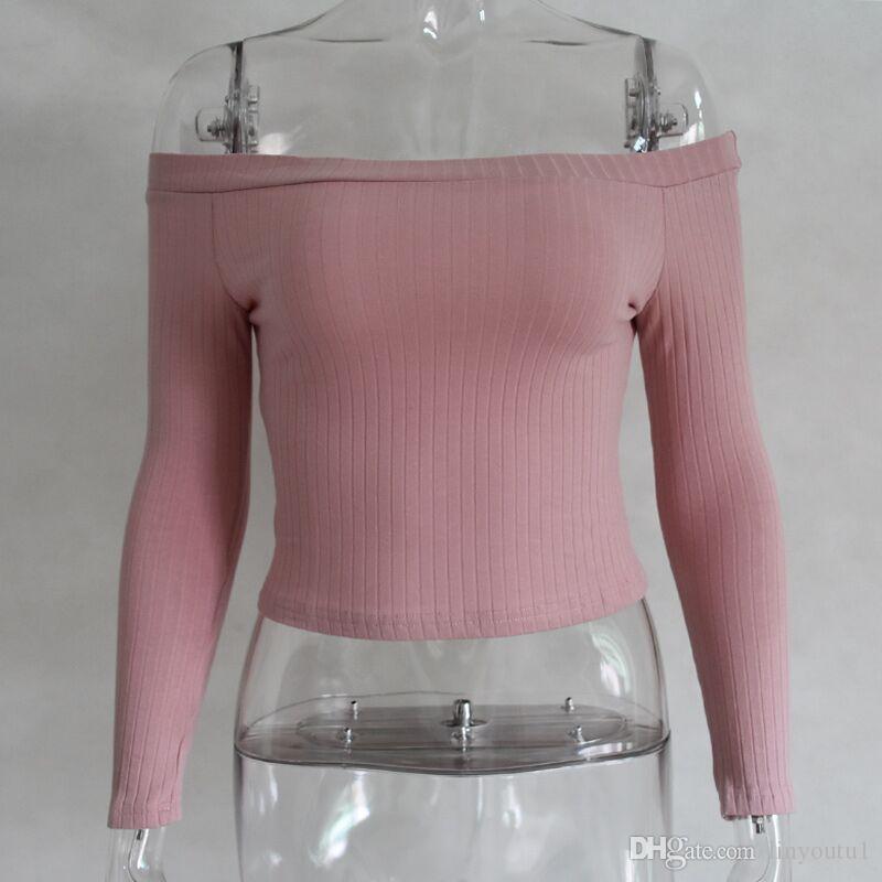 2020 Women Off Shoulder Crop Top T Shirts Long Sleeve Short T-shirts For Women Clothing Fashion Black T-shirt Tops Tees Korean Style