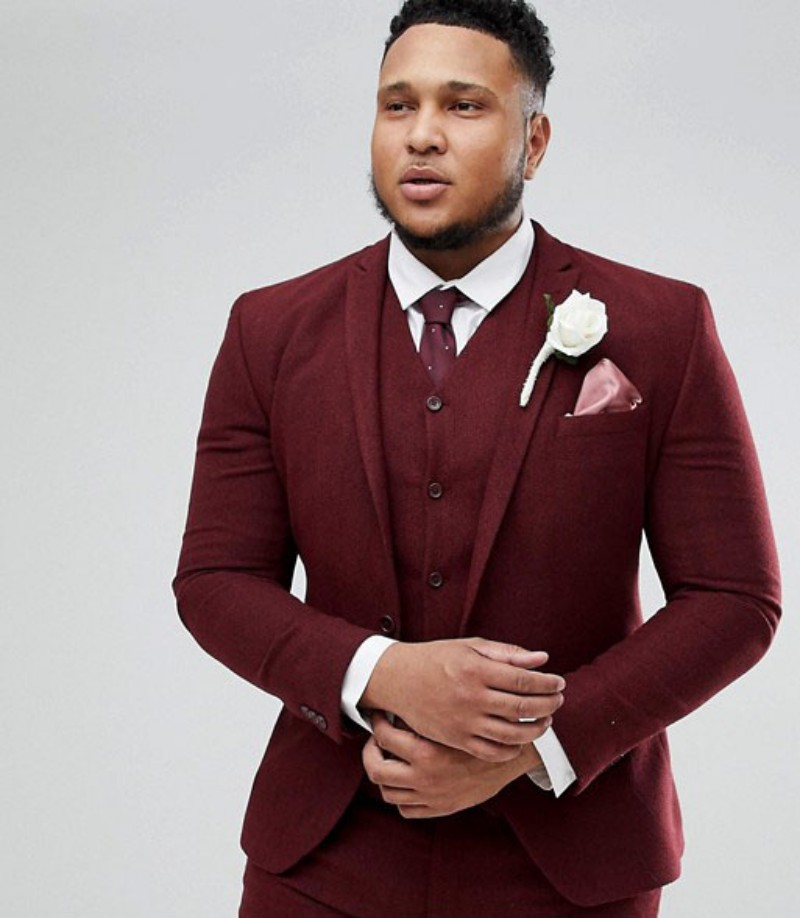 Plus Size Groom Wedding Tuxedos Burgundy Notched Lapel Mens Pants Suits 3 Pieces Formal Prom Jackets Best Men Blazer (Jacket+Vest+Pants)