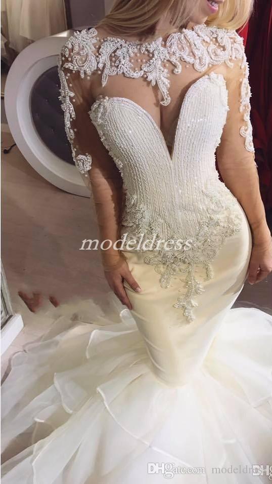 Dubai Sparkly Mermaid Wedding Dresses Long Sleeve Illusion Bodice Major Bridal Gowns Beading Cascading Ruffles Country Wedding Dress