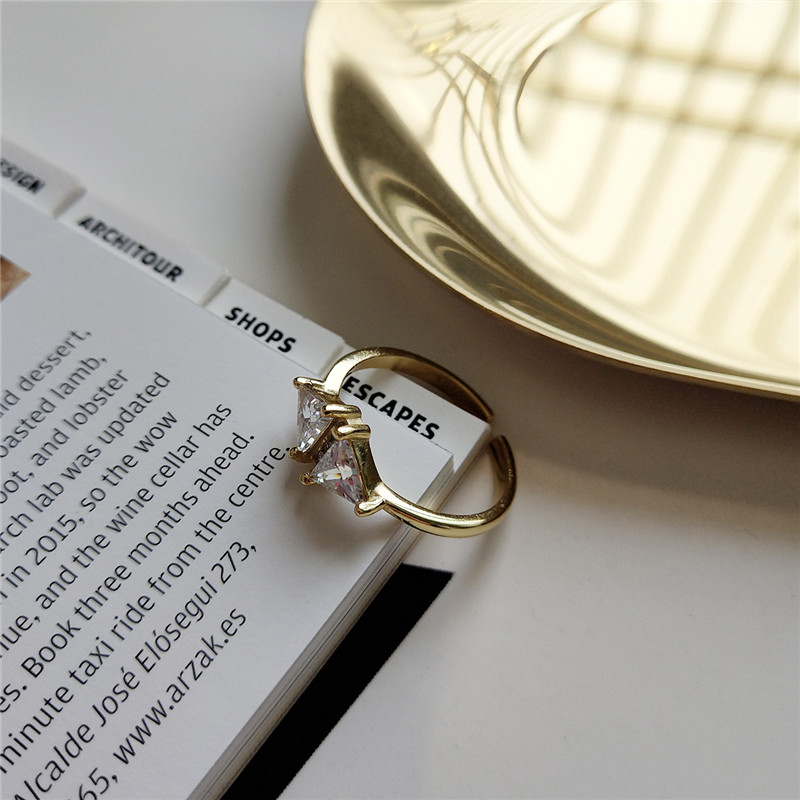 New Fine Jewelry Engagement Ring 18k Gold Color Adjustable Rings Authentic 925 Sterling Silver White Clear Zircon Triangle Rings