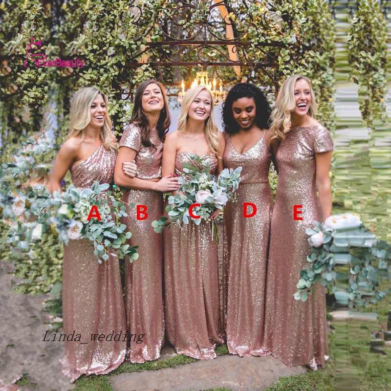 New Arrival Vintage Long Rose Gold Bridesmaid Dress Cheap Western Sequin Sparkly Ruffled Maid of Honor Gown Plus Size Custom Made