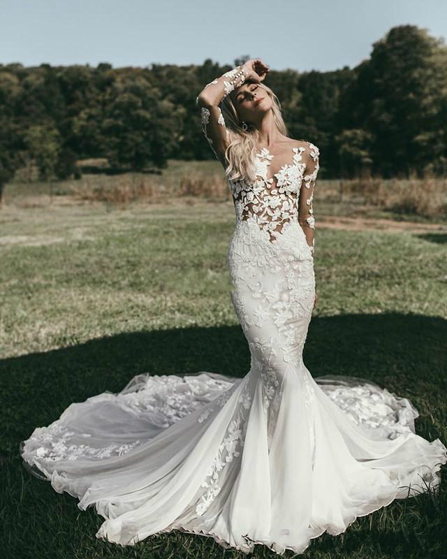 Beach Sexy Mermaid Wedding Dresses Sheer Neck Long Sleeves See Through Button Back Bridal Gown Plus Size Wedding Dress