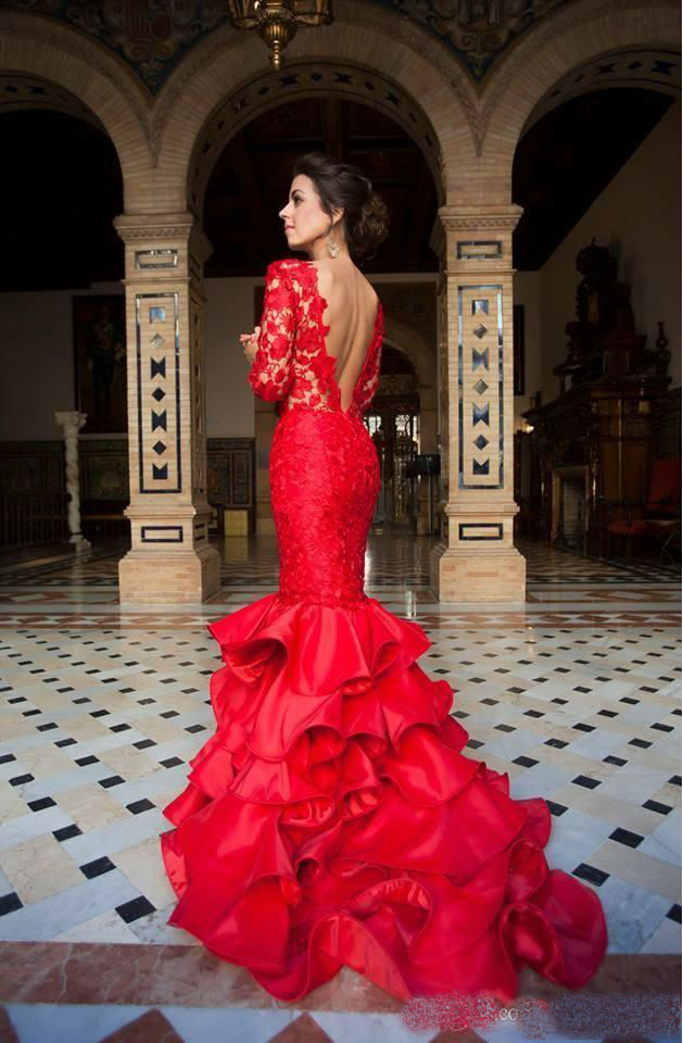 2019 Red Mermaid Evening Dresses Wear Lace Sexy Backless Tiered Ruffles Bateau Illusion Sweep Train Prom Dresses Party Gowns Custom Made
