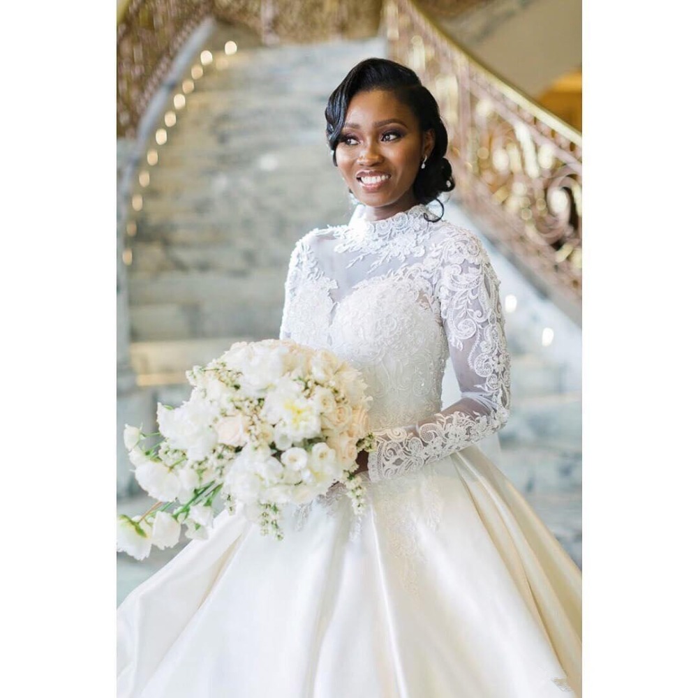 Lace Long African Sleeves Beaded Wedding Dresses High Neck Sequined Bridal Gowns A Line Court Train Appliqued Satin Robe De Marie ppliqued