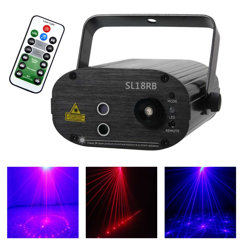 AUCD Mini 3W LED Remote 18 RB Red Blue Laser Gobos Stage Lighting Projector Party Decoration DJ Disco Show Home Light SL18RB