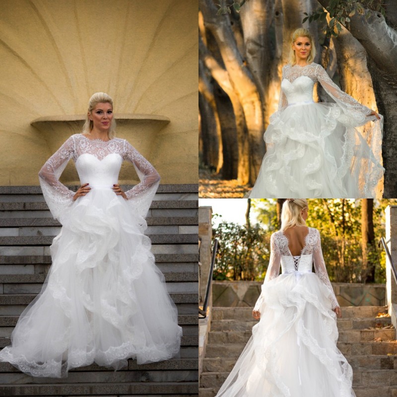 vintage wedding dresses long sleeve lace ruffles tiered skirts floor length bridal gowns beach bohemian robe de marie
