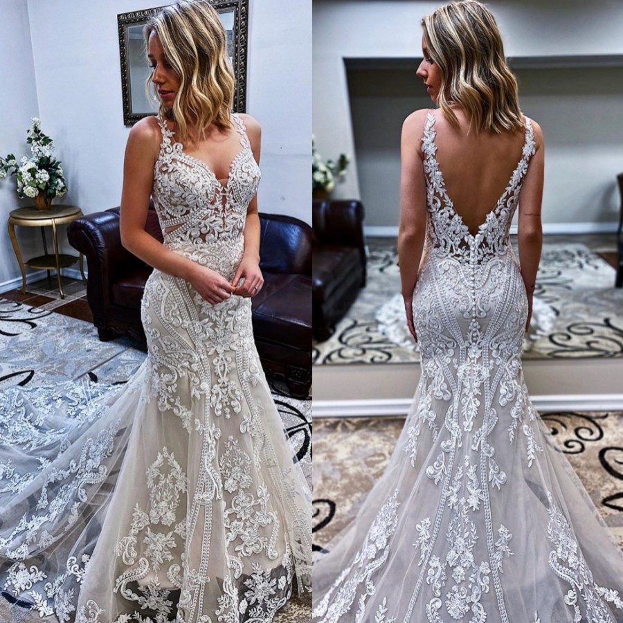 Fashion Mermaid Lace Backless Wedding Dresses Sheer Plunging Neck Appliqued Bridal Gowns Plus Size Sweep Train Tulle robes de mariée, Hunter
Fashion Mermaid Lace Backless Wedding Dresses Sheer Plunging Neck Appliqued Bridal Gowns Plus Size Sweep Train Tulle robes de mariée, Hunter
