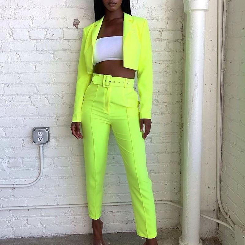 Townlike Casual Women Suits Office Sets Fluorescence Neon Green Crop Top And Pant For Blazer Set