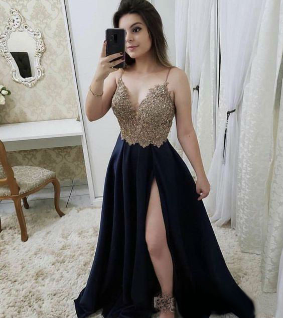 2019 Shiny Beaded Prom Dresses Spaghetti Straps Sexy Thigh High Slits Satin Evening Gowns Cocktail Party Dresses Vestido De Fiesta