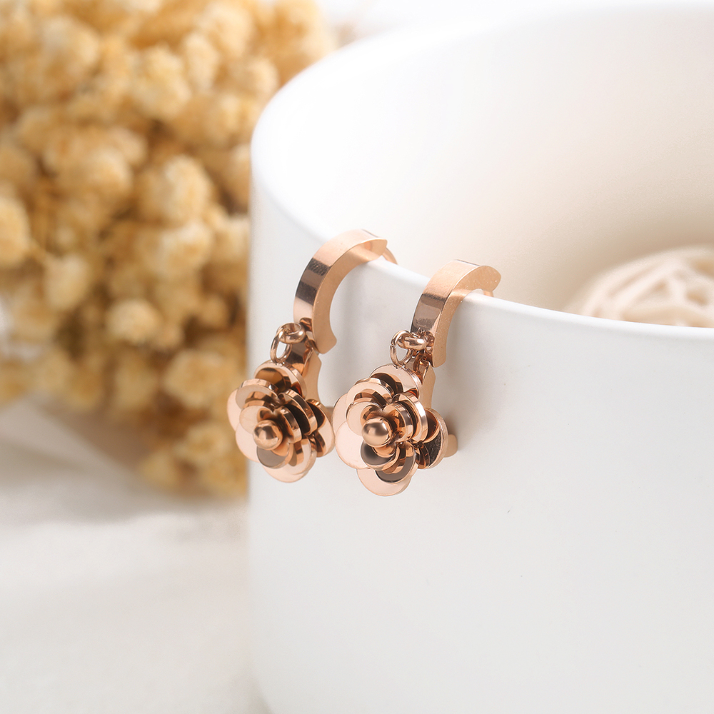 Charm Rose Flower Hoop Earrings Jewelry Rose Gold Plated 316L Stainless Steel Ear Bone Nail Earrings