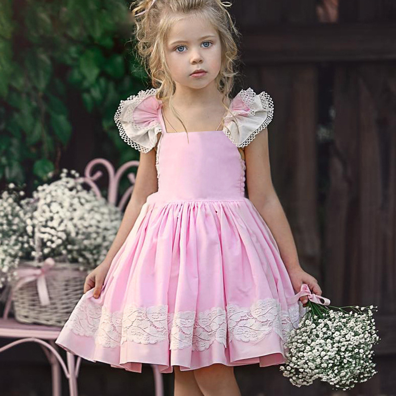 Girls Dress New Summer Casual Style Sweet Short Sleeve Floral Print Square Collar Design for Girls Clothes
