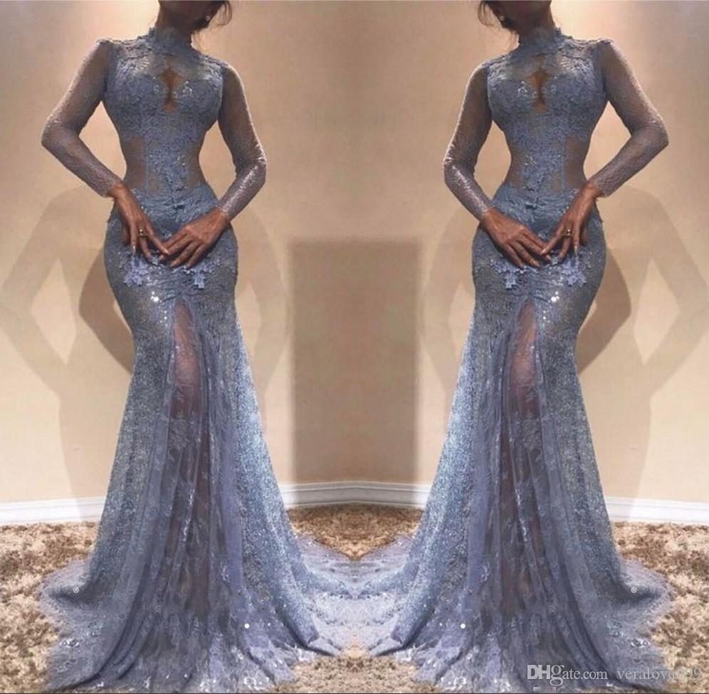 illusion see through lace evening gowns mermaid high neck sheer long sleeves appliques pageant party dresses prom dress vestidos